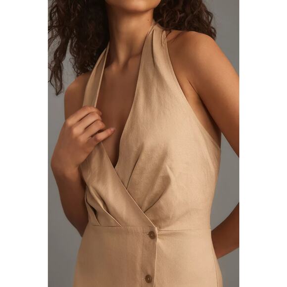 NWT by Anthropologie Linen Halter V-Neck Column Midi Dress $178 SMALL Brown - Picture 3 of 6